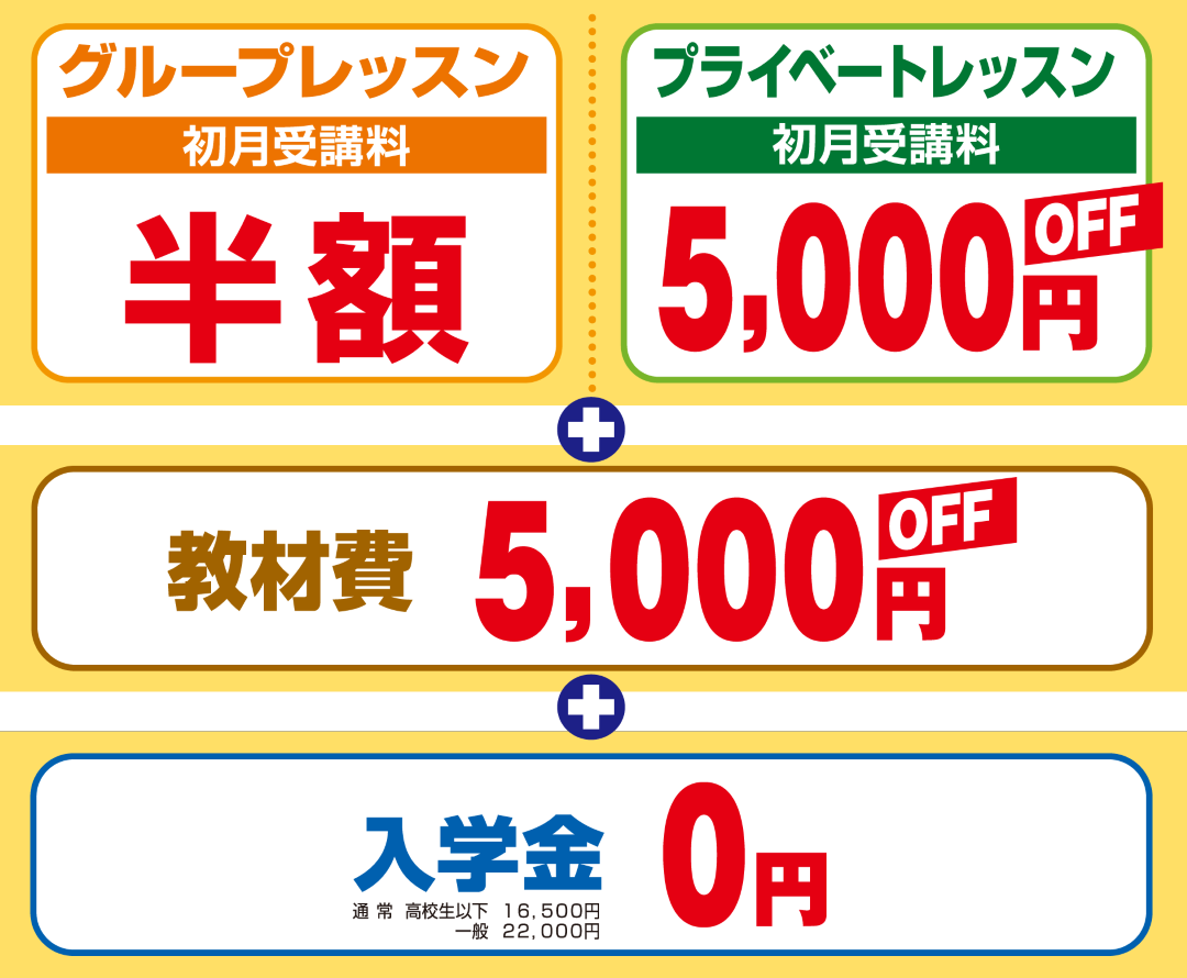 グループレッスン初月受講料半額・プライベートレッスン初月受講料5,000円オフ・教材費5,000円オフ・入学金0円